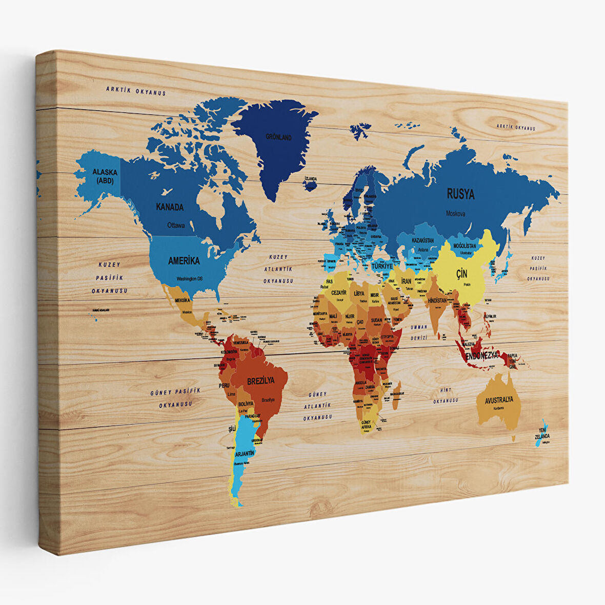 Harita Sepeti Ahşap Görünümlü Türkçe Dünya Haritası Ülke Başkentli Kanvas Tablo 1820