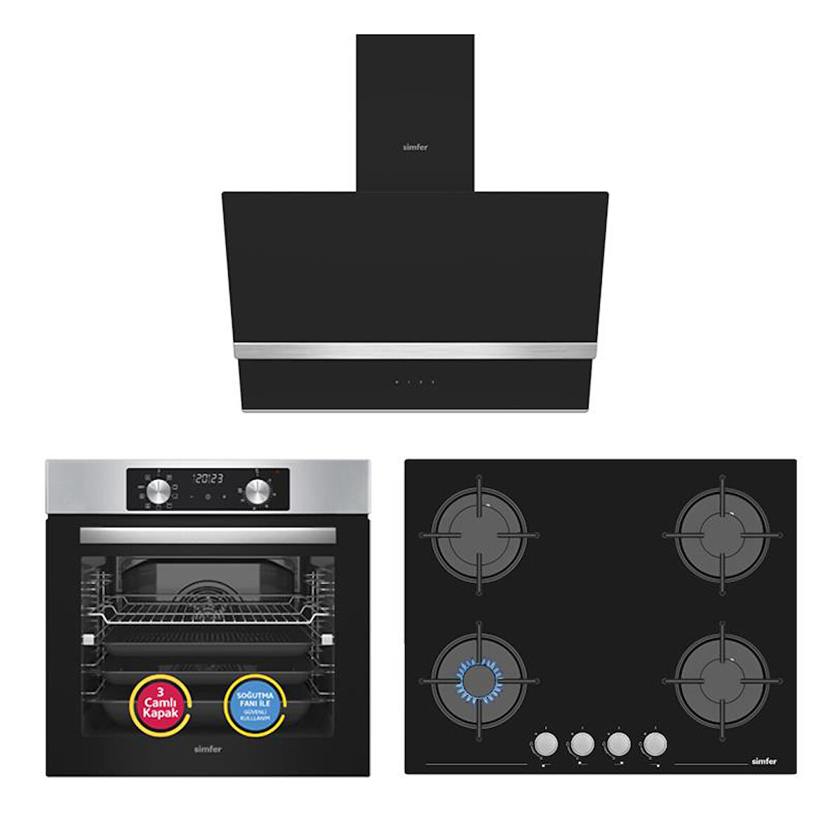 Simfer 10 Fonksiyon Airfry Plus Inox 3'lü Ankastre Set (8210 Fırın + 3653 Ocak + 8738 Davlumbaz)