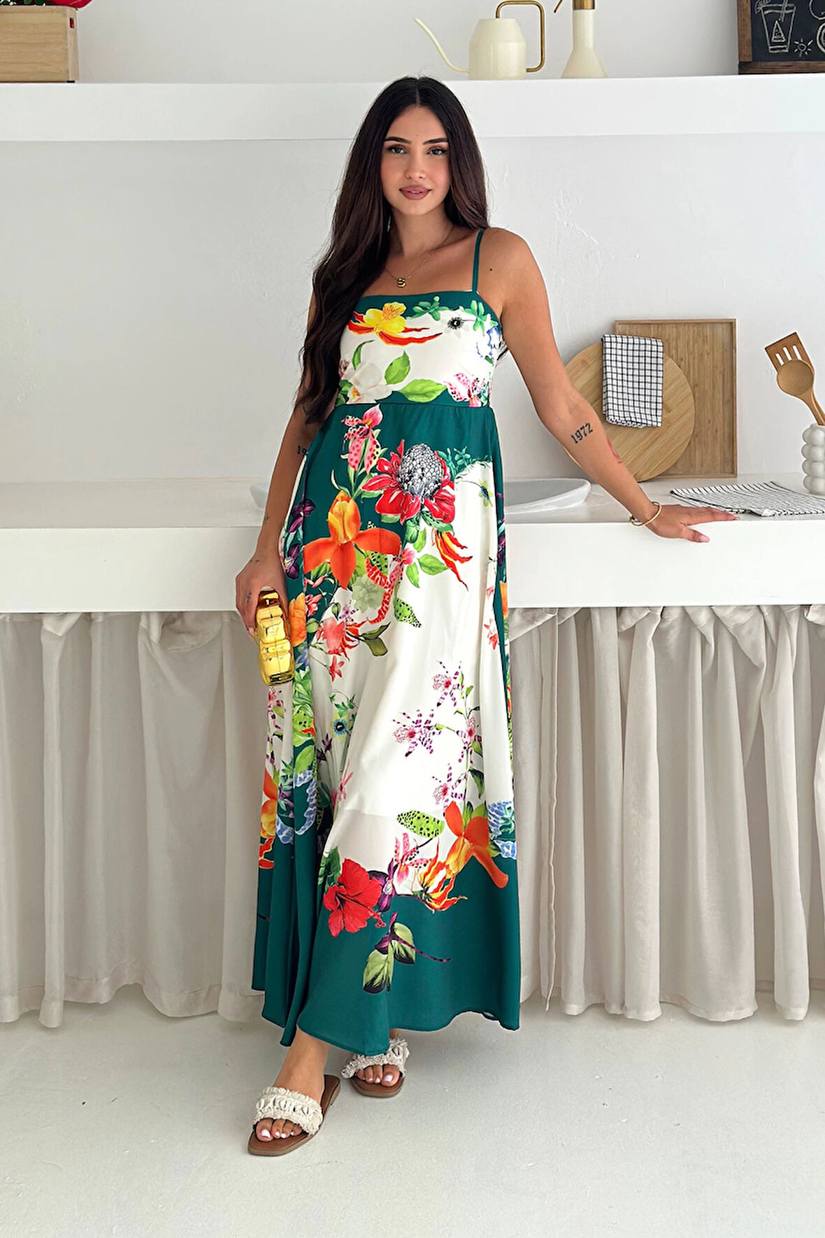 İthal Krep Kumaş Desenli Elbise Yeşil