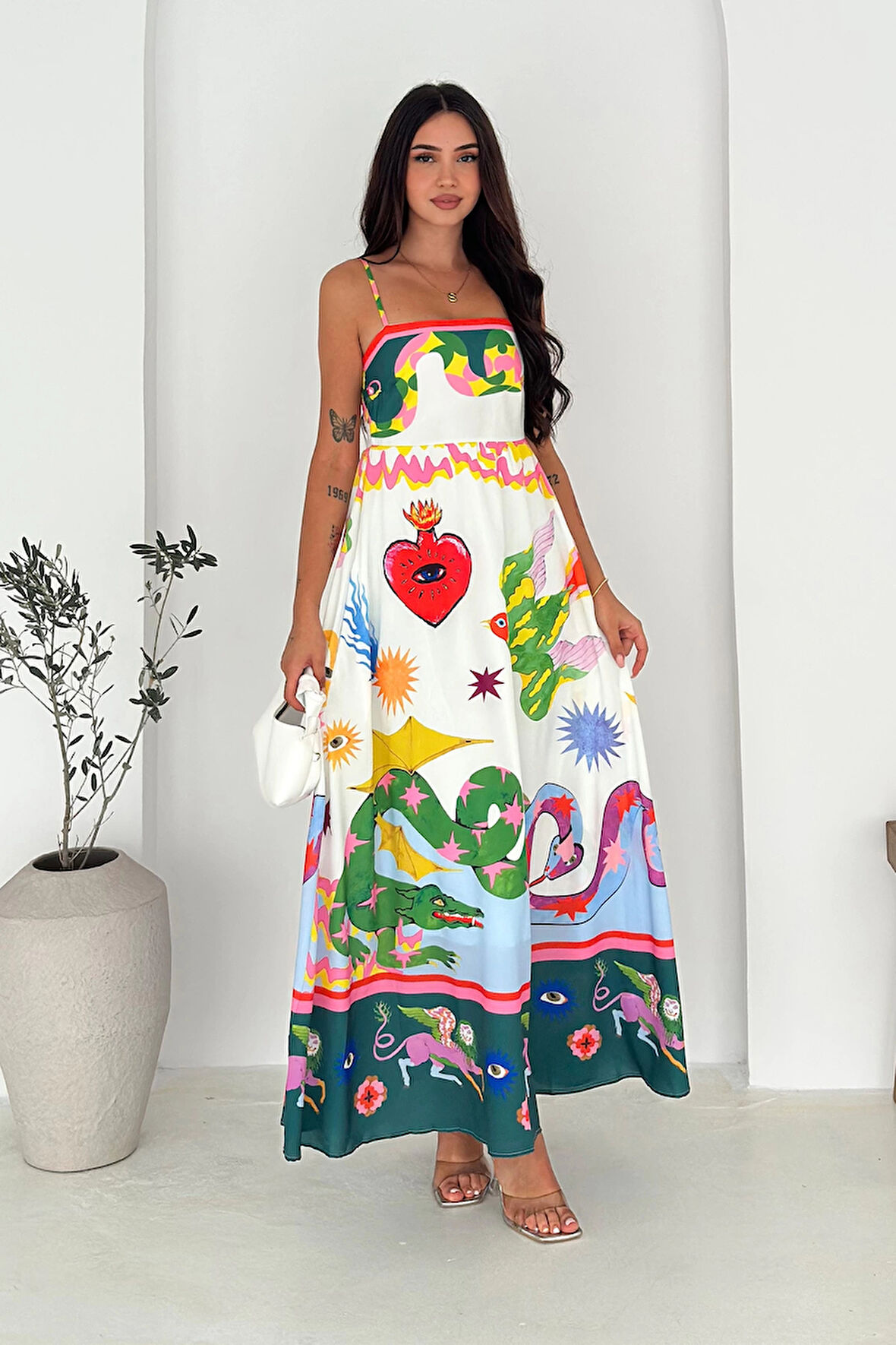 İthal Krep Kumaş Kare Yaka Elbise Desenli