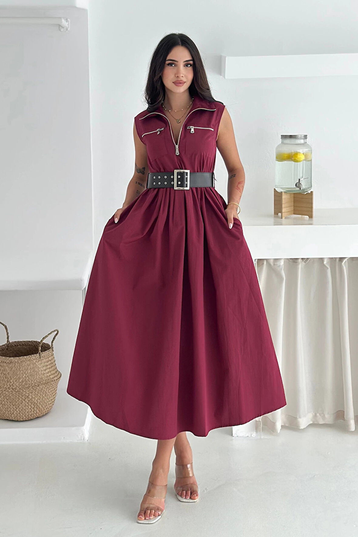 Paraşüt Kumaş Kemerli Elbise Bordo