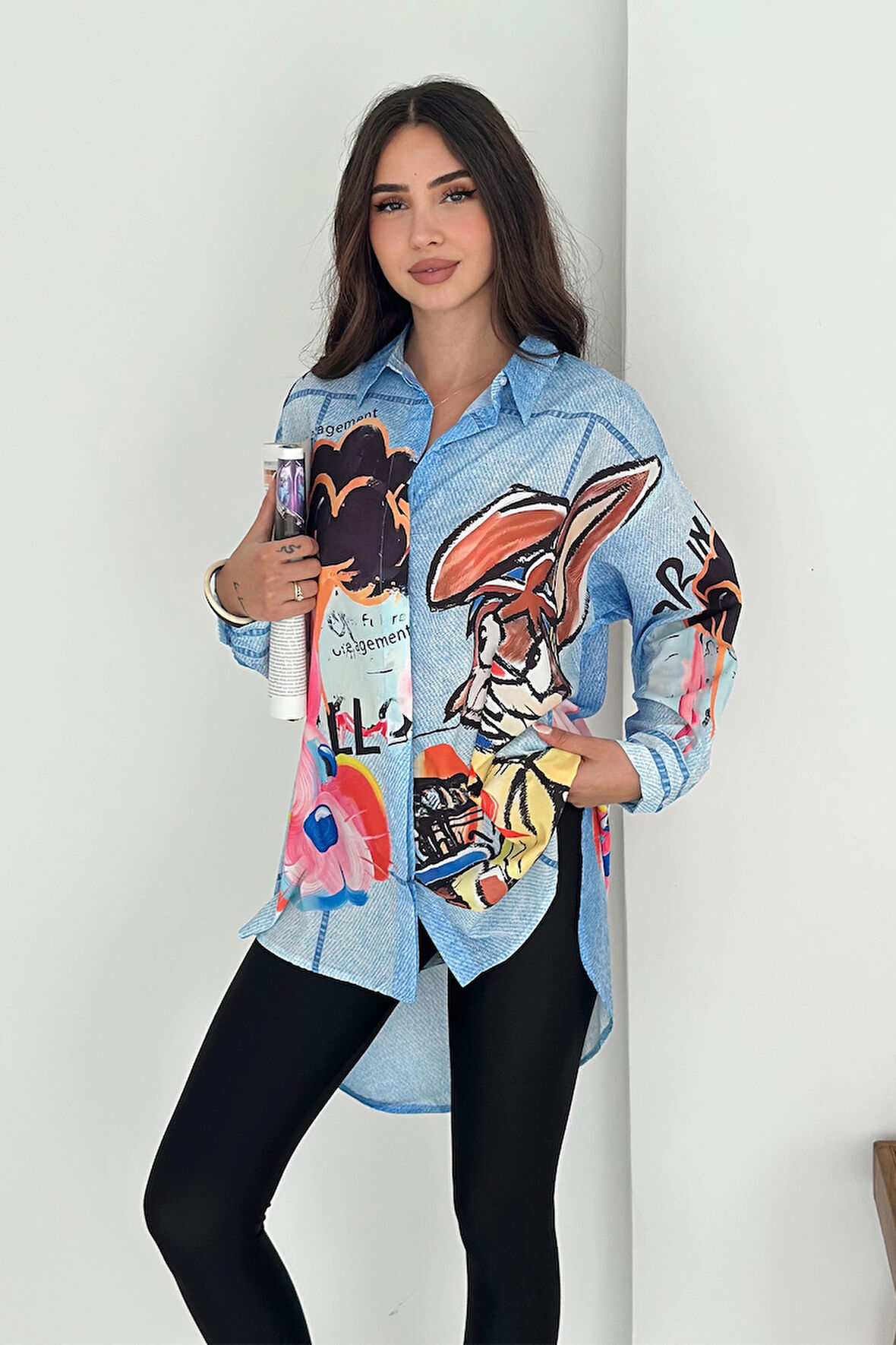 Tavşan Baskılı Jeans Efektli Tunik