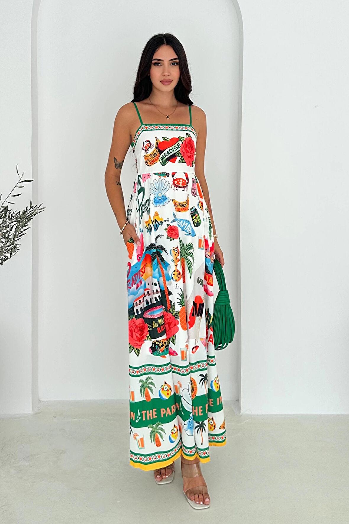 İthal Krep Kumaş Desenli Elbise Sarı