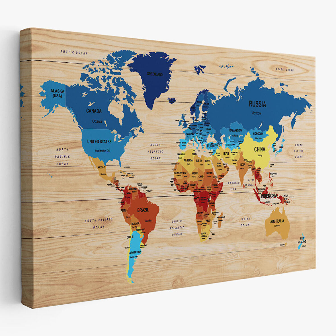 Harita Sepeti Ahşap Görünümlü Dünya Haritası Ülke Başkentli Kanvas Tablo 1821