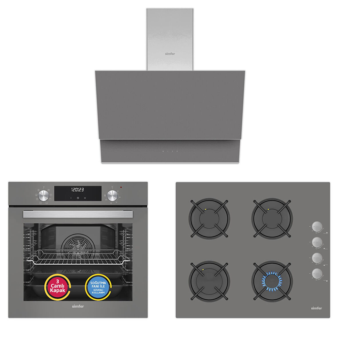 Simfer 9 Fonksiyon QS Dijital Gri 3'lü Ankastre Set (8223 Fırın + 3538 Ocak + 8736 Davlumbaz)