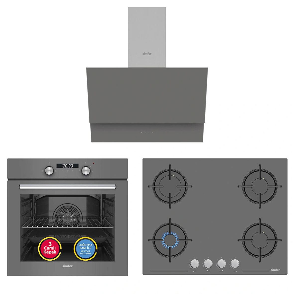 Simfer 4 Fonksiyon Trend Dijital Silver Power Turbo 3'lü Ankastre Set ( Fırın +  Ocak +  Davlumbaz)