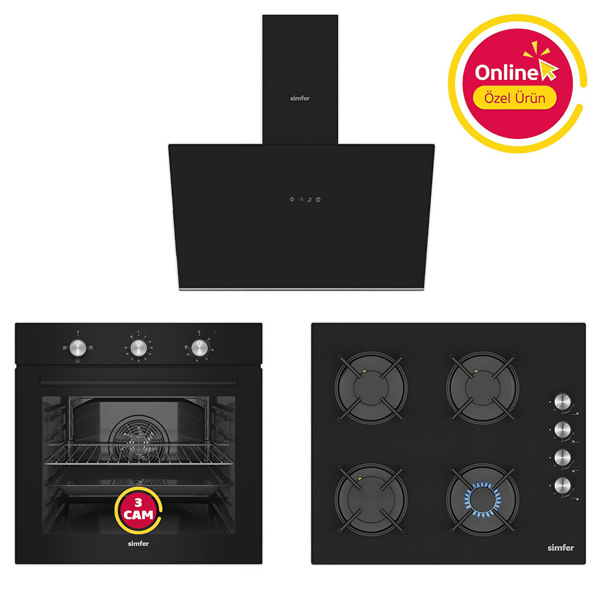 Simfer 4 Fonksiyon Trend Mekanik Siyah Power Turbo 3'lü Ankastre Set (8228 Fırın + 3046 Ocak + 8721 Davlumbaz)