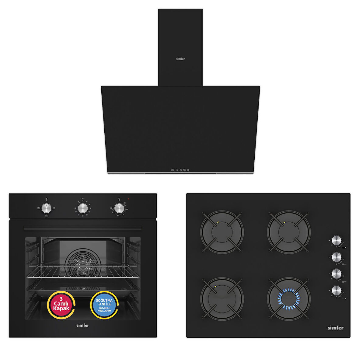 Simfer 4 Fonksiyon Mekanik Siyah Power Turbo 3'lü Ankastre Set 