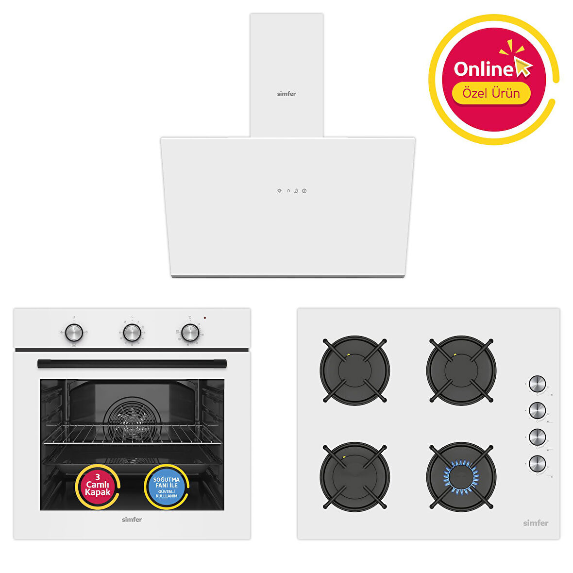 Simfer 4 Fonksiyon Trend Mekanik Beyaz Power Turbo 3'lü Ankastre Set ( 8229 Fırın + 3048 Ocak + 8722 Davlumbaz)