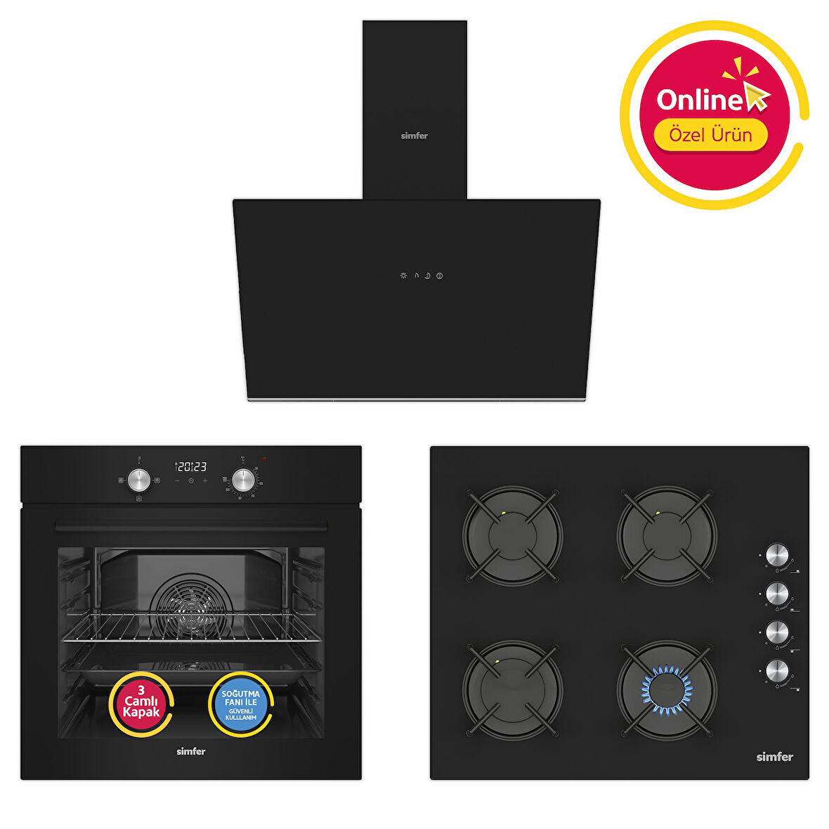 Simfer 4 Fonksiyon Trend Dijital Siyah Power Turbo  3'lü Ankastre Set ( 8230 Fırın + 3046 Ocak + 8721 Davlumbaz)