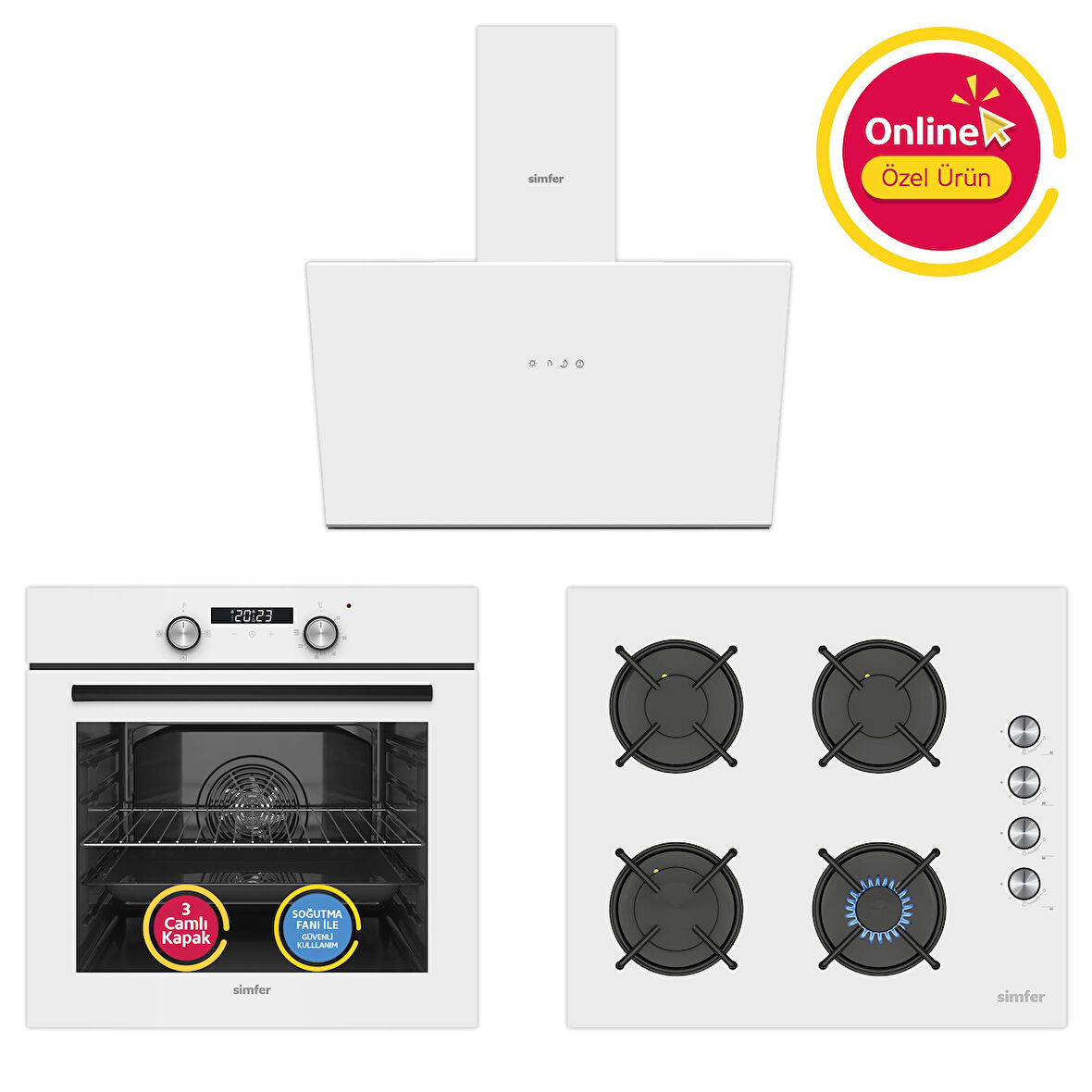 Simfer 4 Fonksiyon Trend Dijital Beyaz Power Turbo 3'lü Ankastre Set (8231 Fırın + 3048 Ocak + 8722 Davlumbaz)