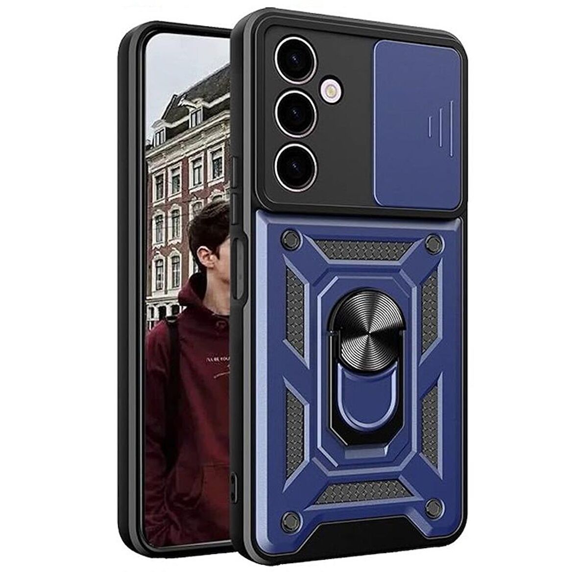 Gpack Samsung Galaxy A15 Kılıf Sert Silikon Tank Aramid Sürgülü Vega Yüzüklü