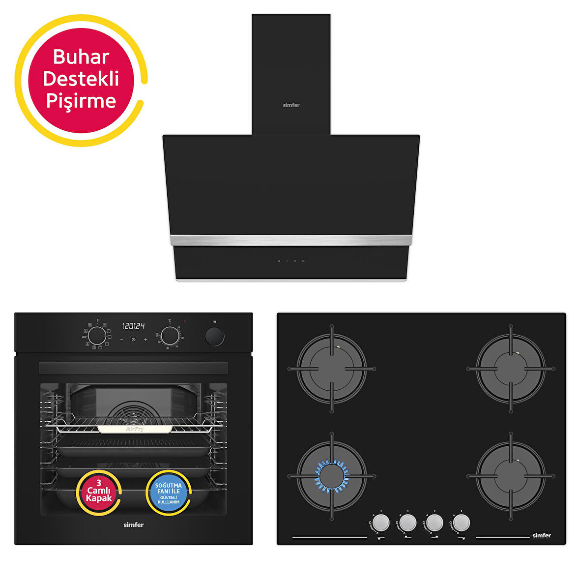 Simfer 11 Fonksiyon Steam Master Siyah 3'lü Ankastre Set (8244 Fırın - 3653 Ocak - 8738 Davlumbaz)