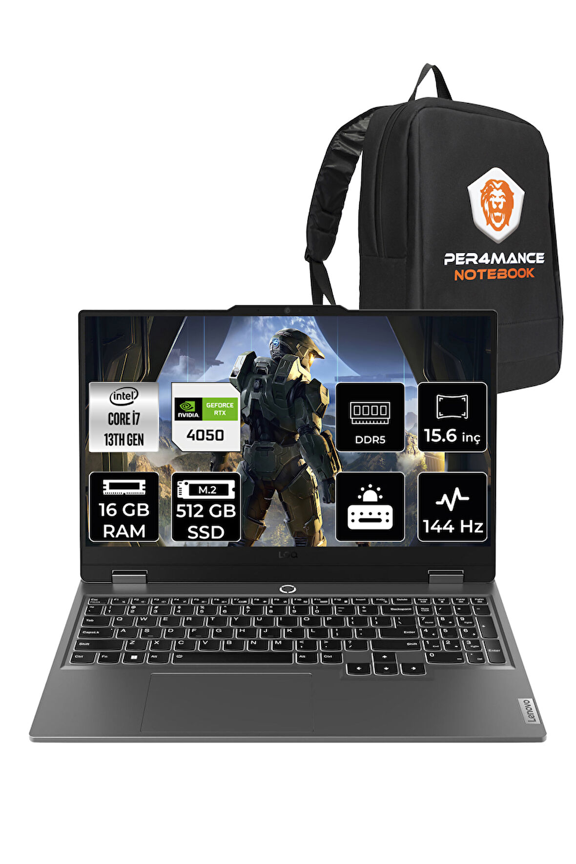 Lenovo LOQ i7 13650HX 16GB 512GB SSD RTX4050/6GB 105W 15.6" FHD 144Hz FDOS Gaming Laptop & PER4 Çanta