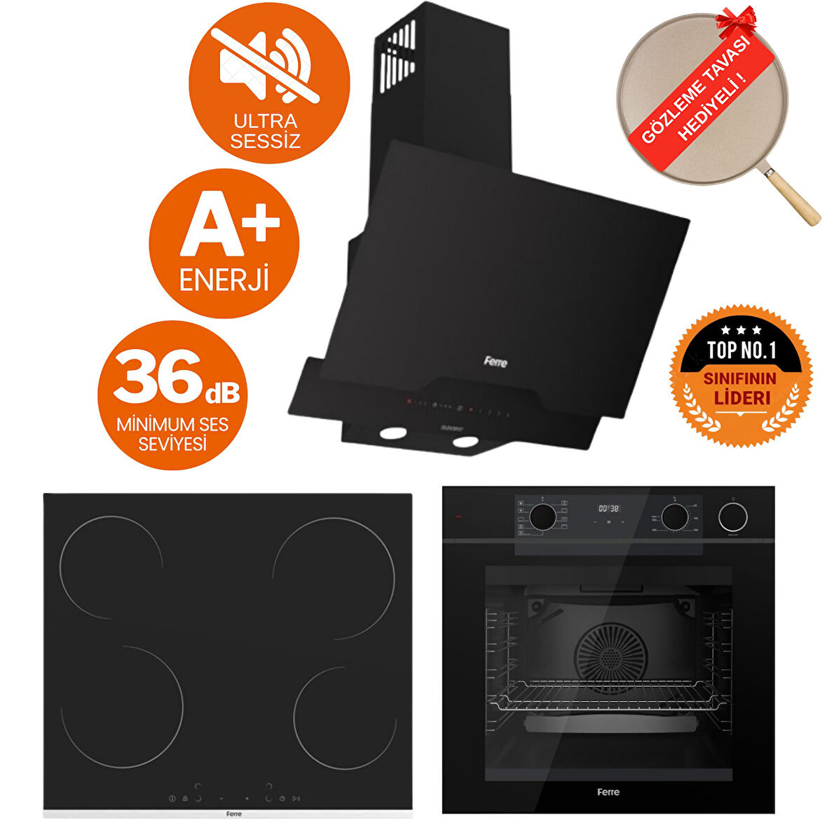 Ferre FryArt&Buharlı Gavio Sessiz Davlumbaz Elektrikli Siyah Ank. Set ( D063-SA + MS261 + QEP64CS )