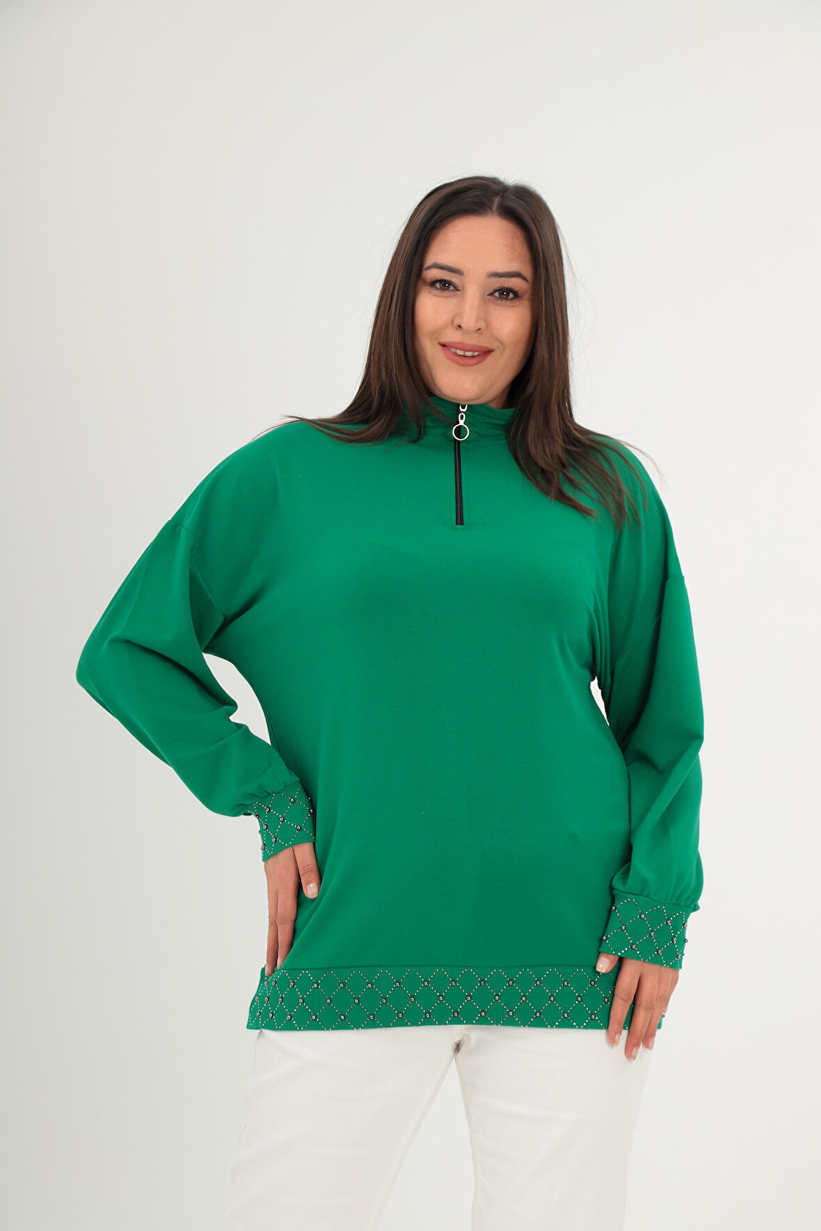 Büyük Beden Yarım Balıkçı Yaka Fermuarlı Geometrik Taş Detaylı Yeşil Sweatshirt