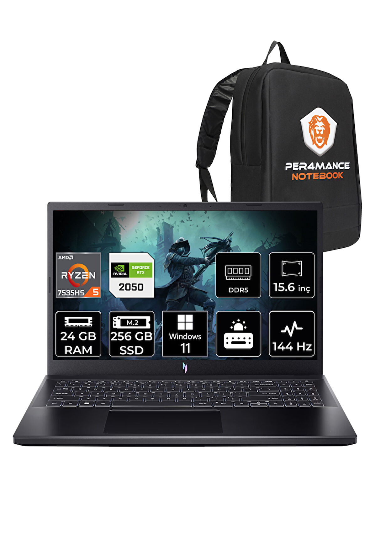 ACER Nitro V15 R5 7535HS 24GB 256GB SSD RTX2050/4GB 15.6'' 144Hz FHD W11P Gaming Laptop & PER4 ÇANTA