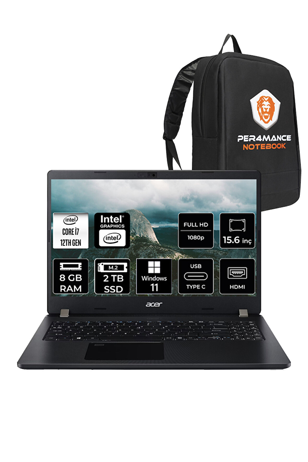 ACER TravelMate P2 i7 1255U 8GB RAM 2TB SSD 15.6'' FHD W11H Taşınabilir Bilgisayar & PER4 ÇANTA