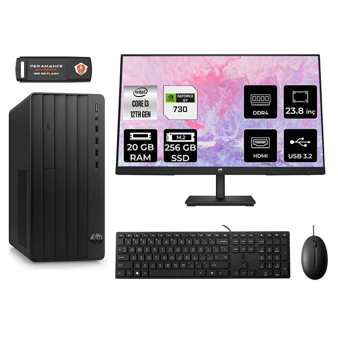 HP TOWER 290 G9 i3 12100 20GB RAM 256GB SSD GT730/4GB FDOS 6D3A1EA MASAÜSTÜ PC & 23.8'' MONİTÖR