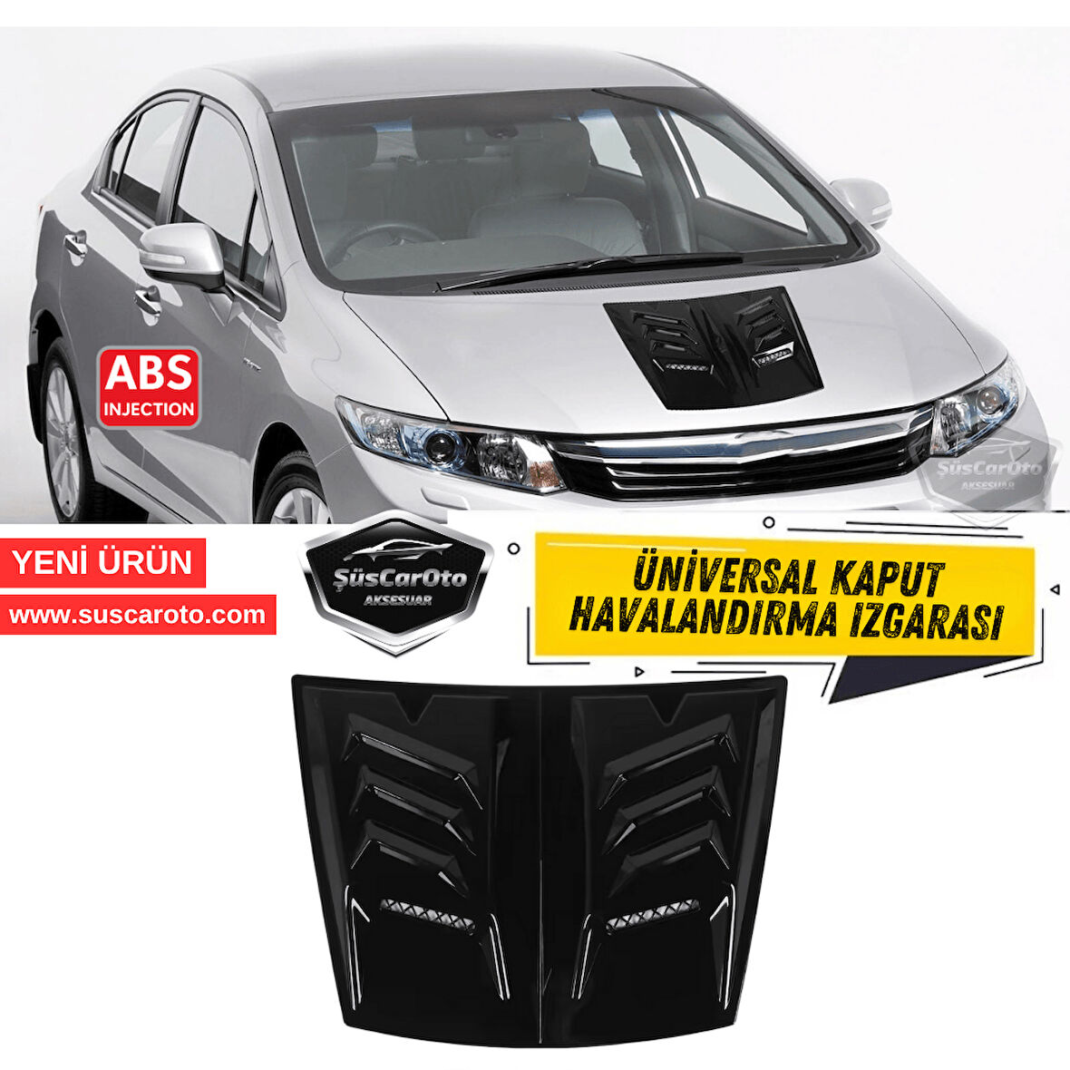 Üniversal Her Araca Uyumlu Geniş Midi Boy Kaput Üstü Havalandırma Izgarası Tavan Vent Air Scoop İthal Nikelajlı 48.5 x 35.5 cm