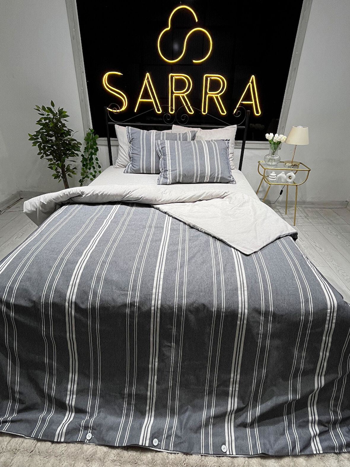 SARRA HOME NATURAL ÇİFT KİŞİLİK NEVRESİM TAKIMI - İNDİGO MAVİ