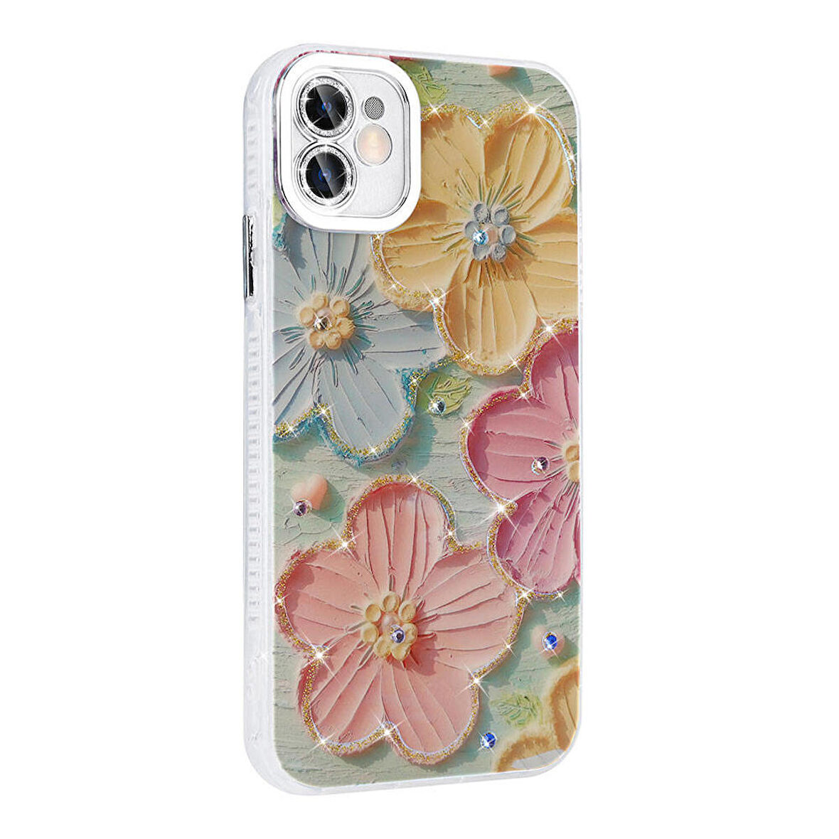 Gpack Apple iPhone 11 Kılıf Parlak Taşlı Çiçek Desenli Garden Sert Silikon