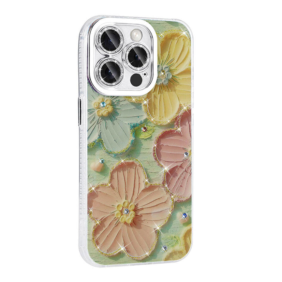 Gpack Apple iPhone 14 Pro Max Kılıf Parlak Taşlı Çiçek Desenli Garden Sert Silikon
