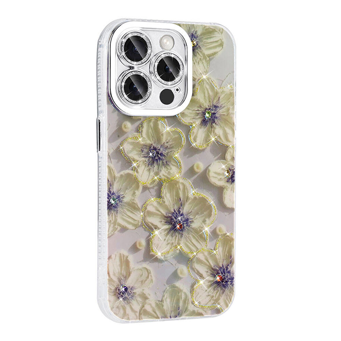 Gpack Apple iPhone 15 Pro Max Kılıf Parlak Taşlı Çiçek Desenli Garden Sert Silikon