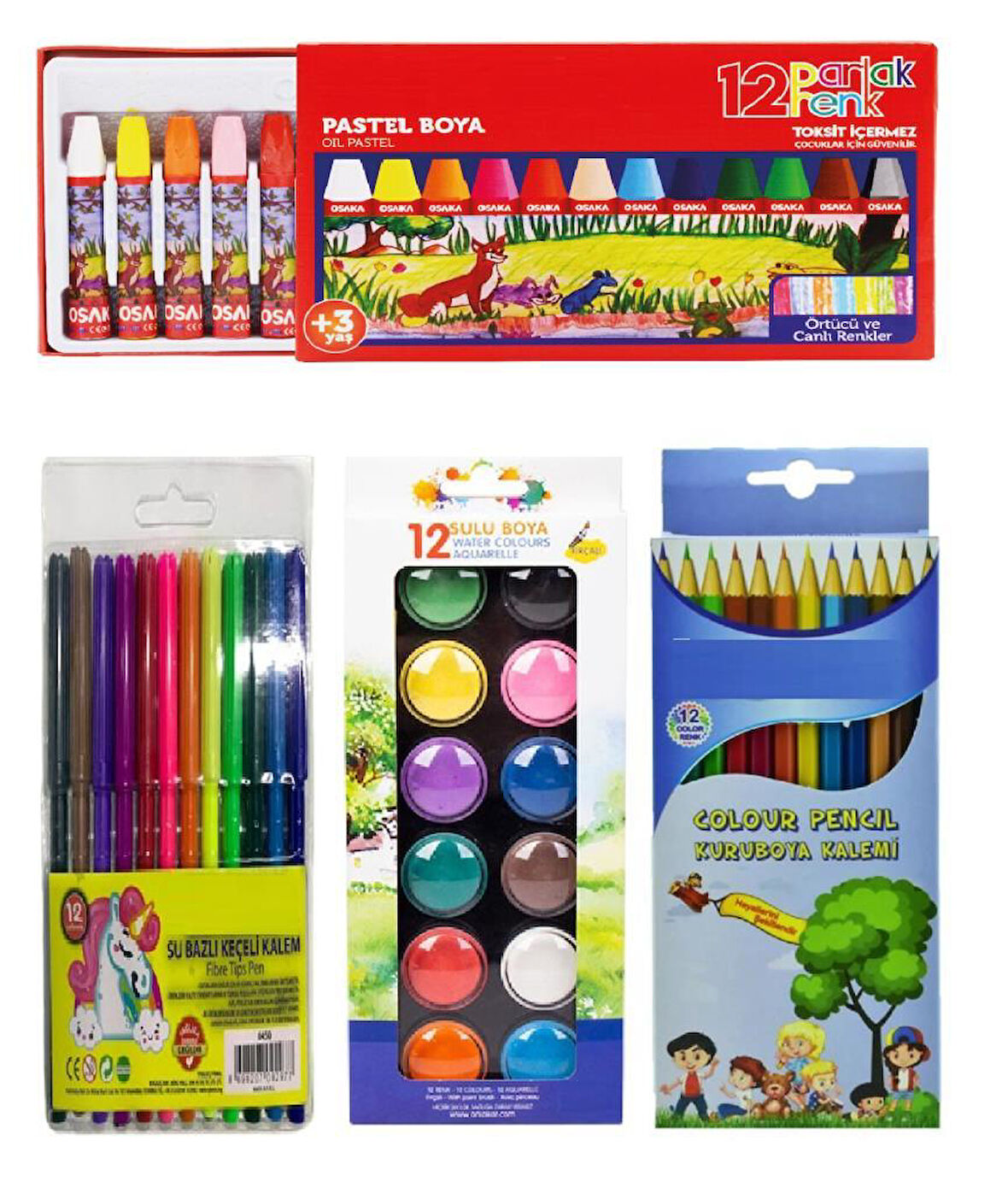 Eko Kırtasiye Seti 4 Parça (12 Renk Kuru Boya + Sulu Boya + Pastel Boya+ Keçeli Kalem)