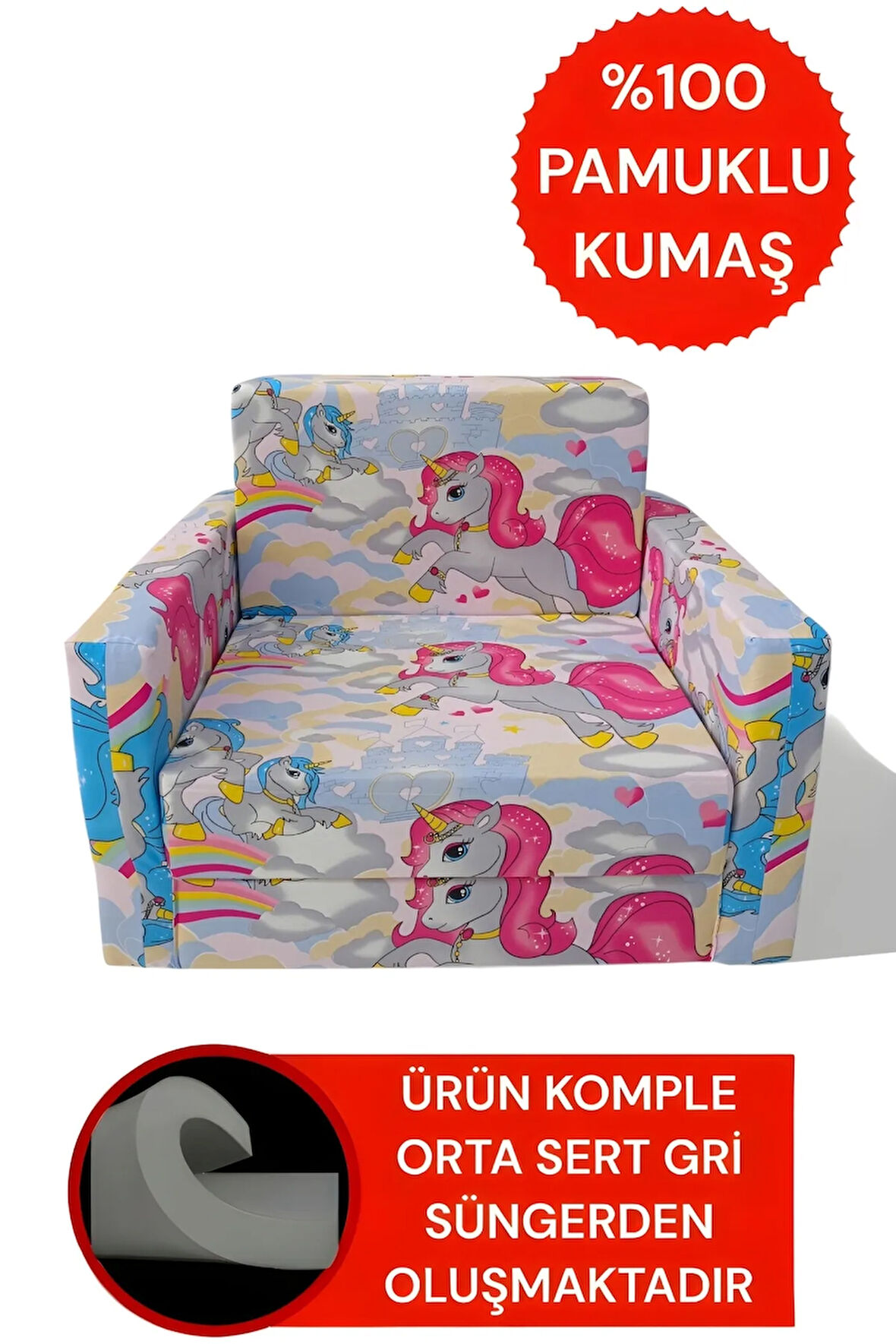 Çocuk Yatağı Komple Sünger Katlanabilir Koltuklu-(0-6 YAŞ)%100 Pamuklu Unicorn Desen