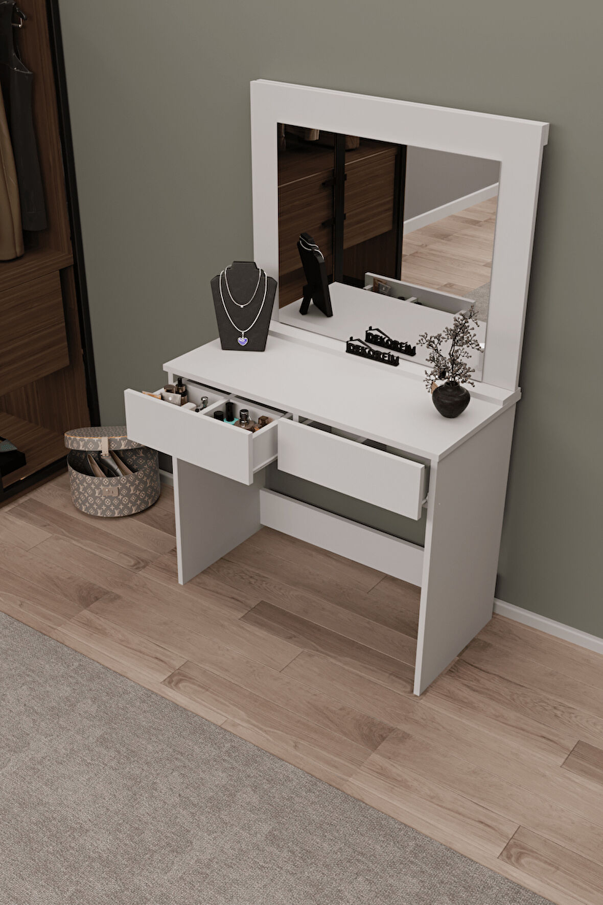 DF02110B Aynalı Beyaz Makyaj Masası