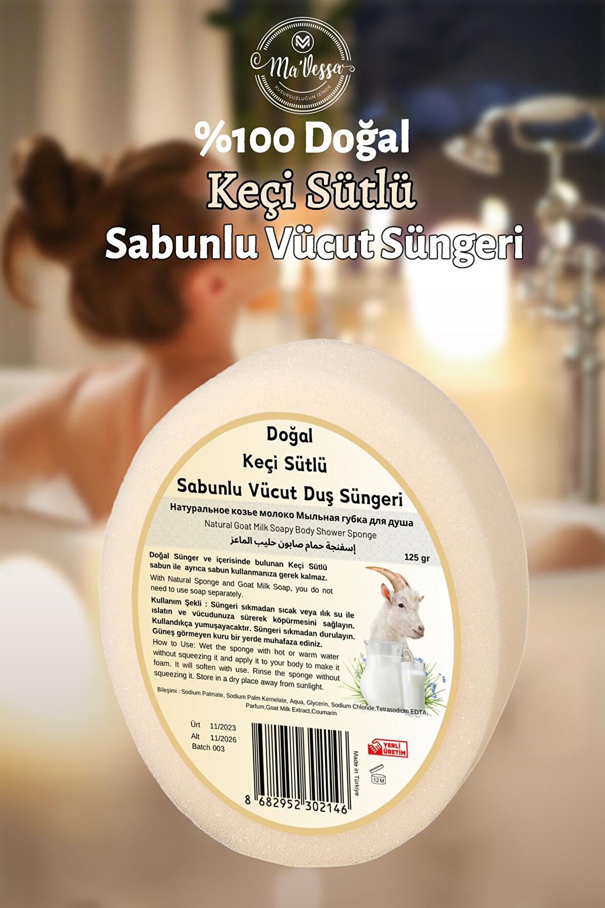 Ma'Vessa Doğal Keçi Sütlü Süngerli Sabun, Keçi Sütlü Sabunlu Vücut Duş Süngeri, Banyo Lifi 125 gr