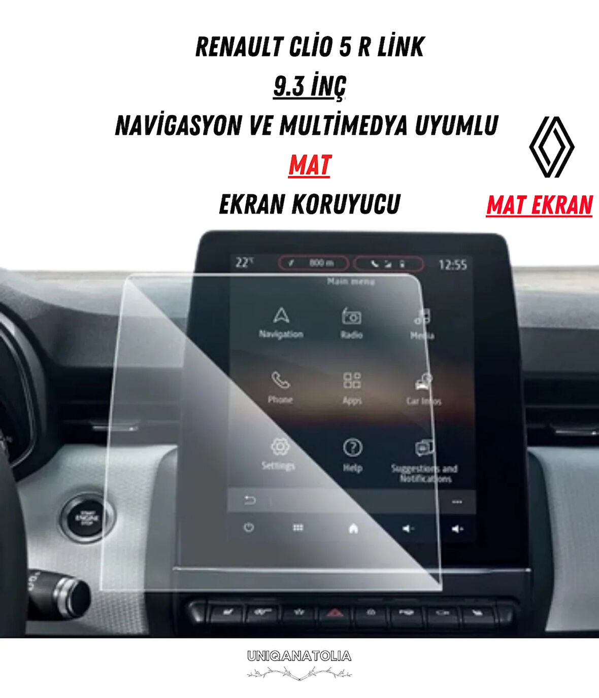 Renault Clio 5 R Link 9.3 İnç Navigasyon ve Multimedya Uyumlu Mat Ekran Koruyucu
