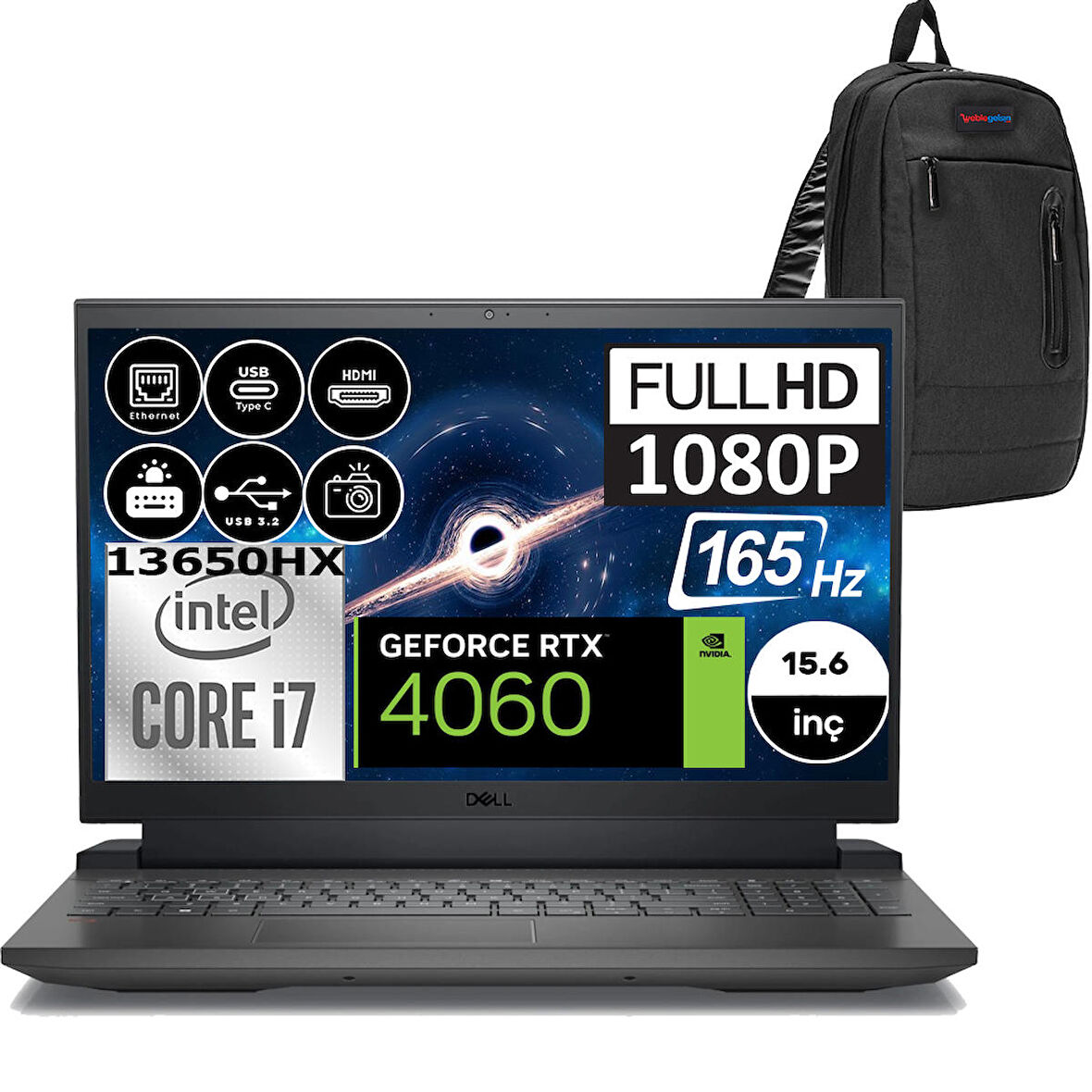 Dell Gaming G15 5530 Intel Core I7 13650HX 64GB DDR5 512GB SSD RTX4060 8GB Windows 11 Home 15.6" Fhd 165Hz Taşınabilir Bilgisayar G155530013WH07 + Zetta Çanta