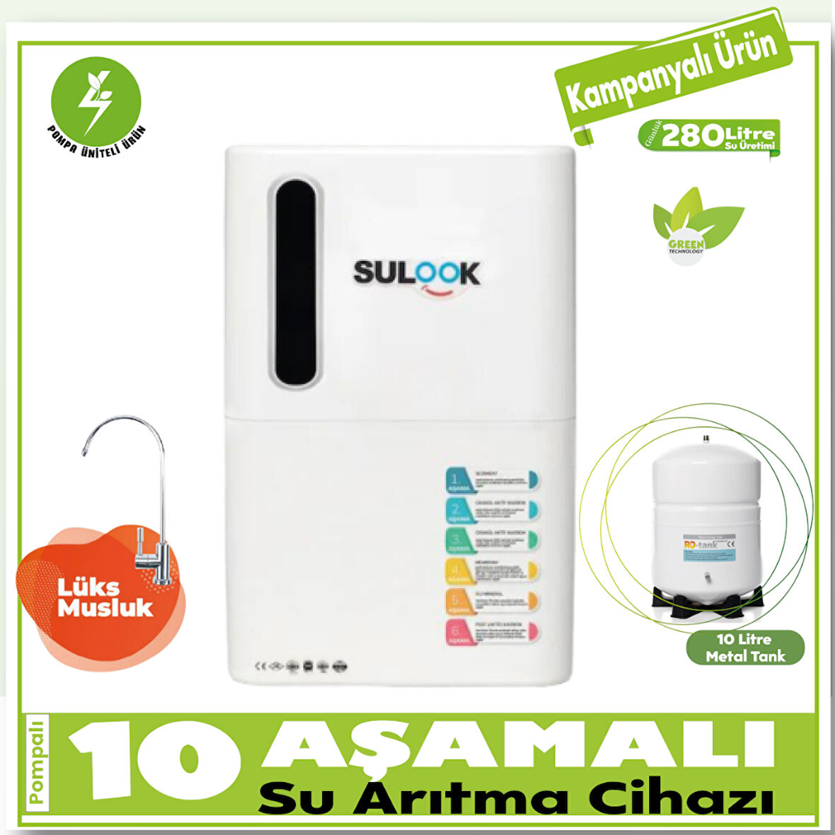 Sulook Pompalı Su Arıtma Cihazı 10 Aşamalı Green Technology,Mineral Destekli