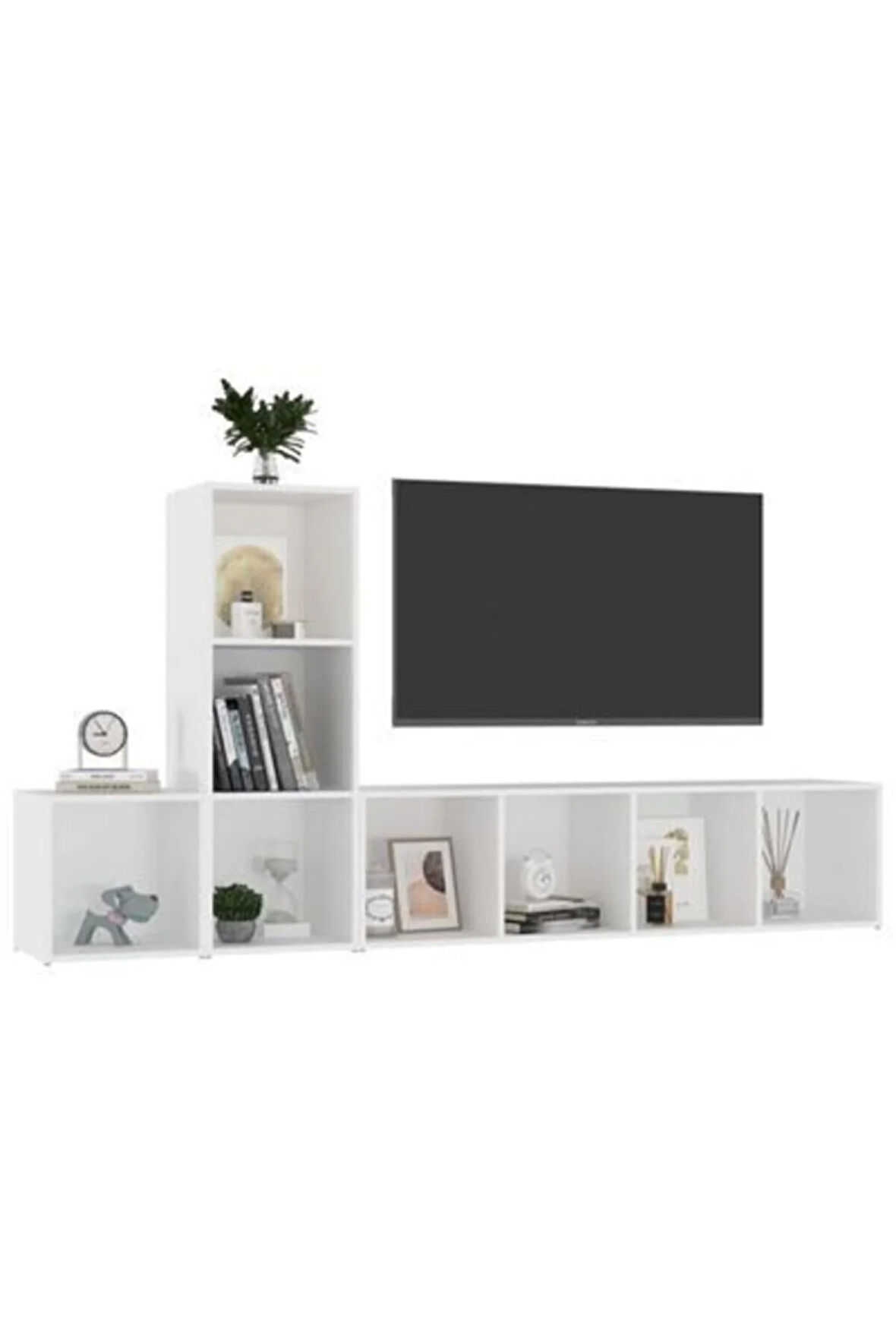 Tdesıgno Gülce Kitaplıklı Televizyon Sehpası - Ünitesi -kitaplık-beyaz 180 Cm 8 Raflı