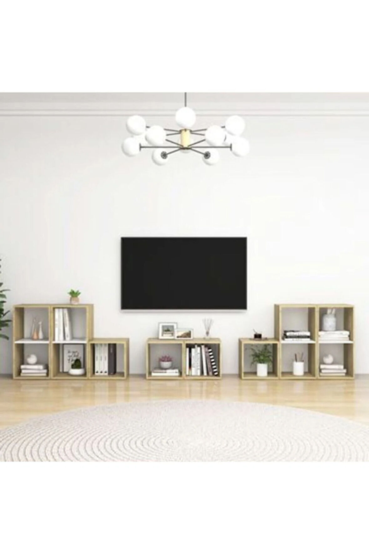 Tdesıgno Idil Kitaplıklı Televizyon Sehpası - Ünitesi -kitaplık-meşe Beyaz 240 Cm 12 Raflı