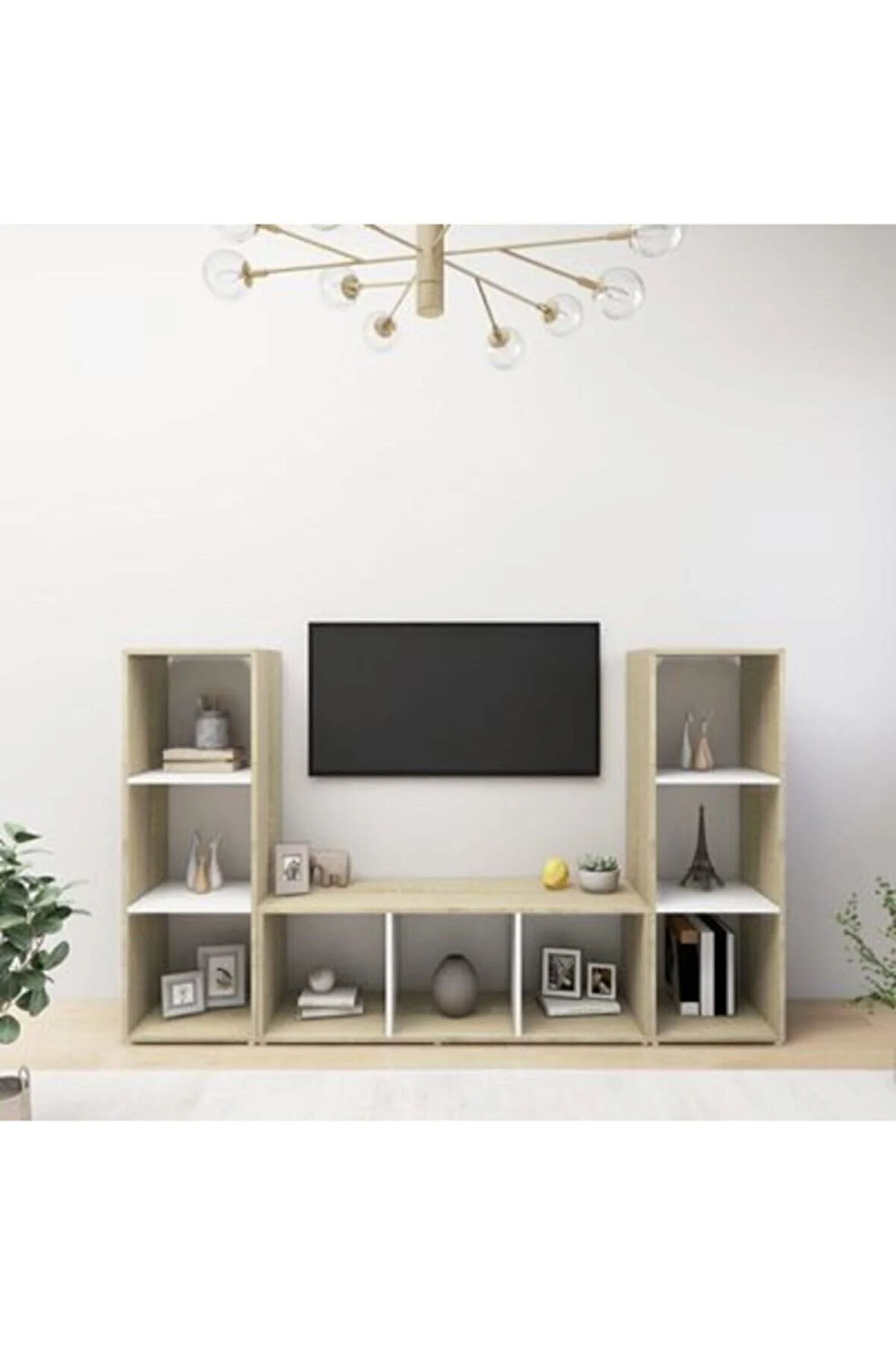Deren Kitaplıklı Televizyon Sehpası Ünitesi Meşe Beyaz 150 cm 9 Raflı