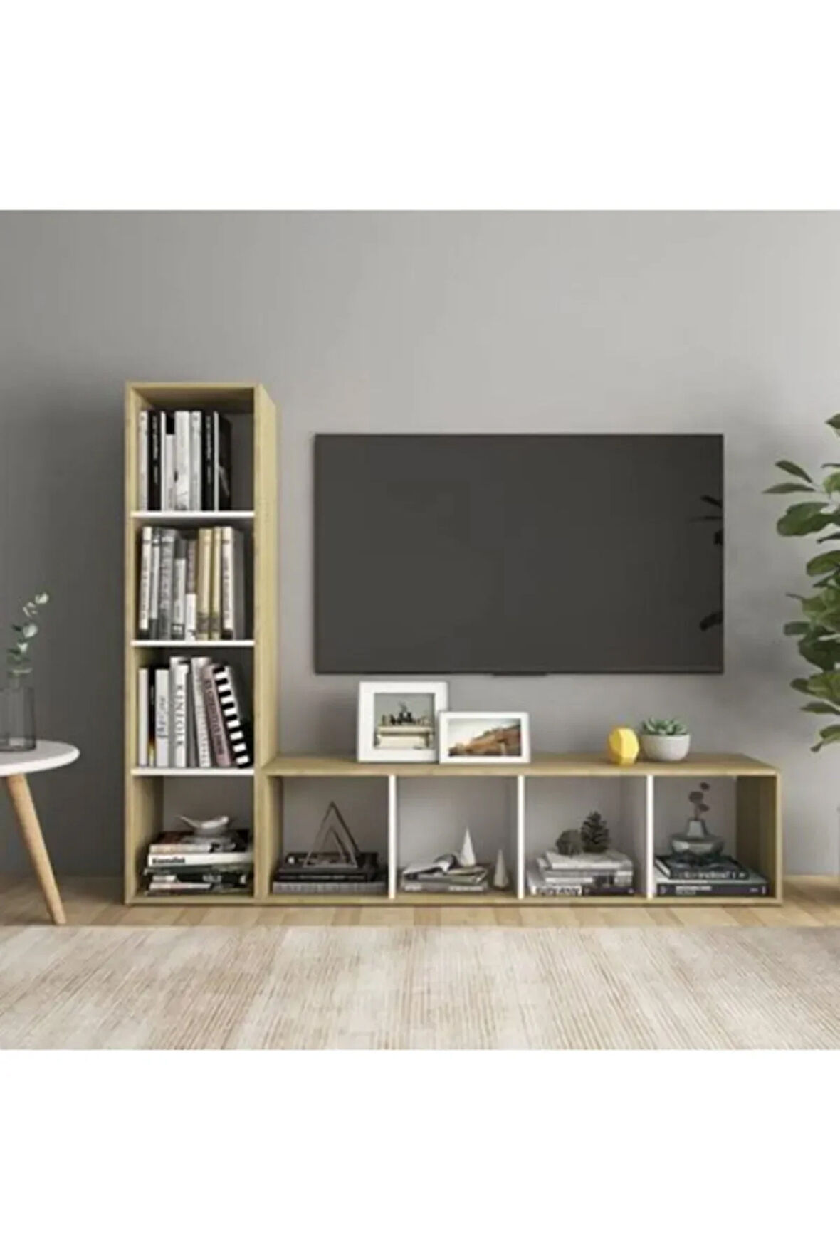 Tdesıgno Rengul Kitaplıklı Televizyon Sehpası - Ünitesi -kitaplık Meşe-beyaz 150 Cm 8 Raflı