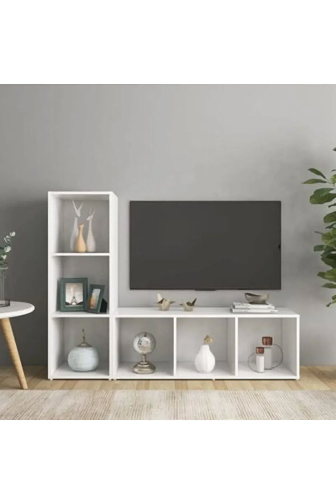 Tolga Kitaplıklı Televizyon Sehpası Ünitesi Kitaplık Beyaz 120 cm 6 Raflı