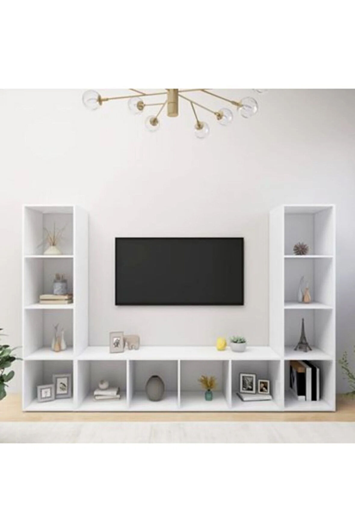 Tdesıgno Yigit Kitaplıklı Televizyon Sehpası - Ünitesi -kitaplık-beyaz 180 Cm 12 Raflı
