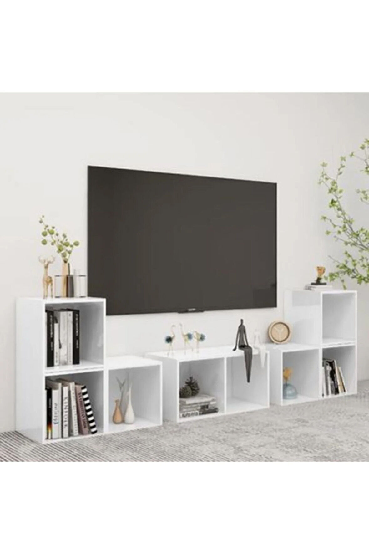 Tdesıgno Gülan Kitaplıklı Televizyon Sehpası - Ünitesi -kitaplık-beyaz 180 Cm 8 Raflı