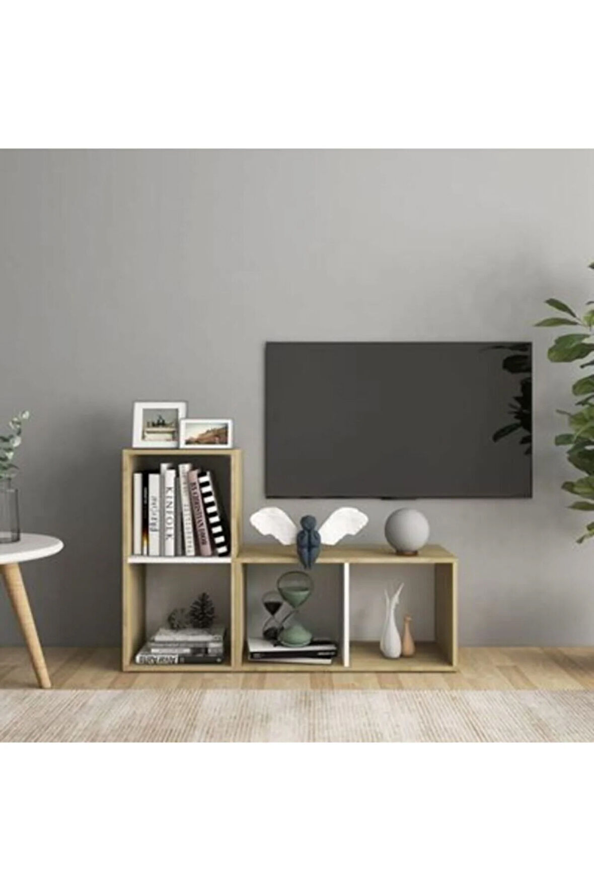 Tdesıgno Maya Kitaplıklı Televizyon Sehpası Ünitesi Kitaplık Meşe Beyaz 90 cm 4 Raflı
