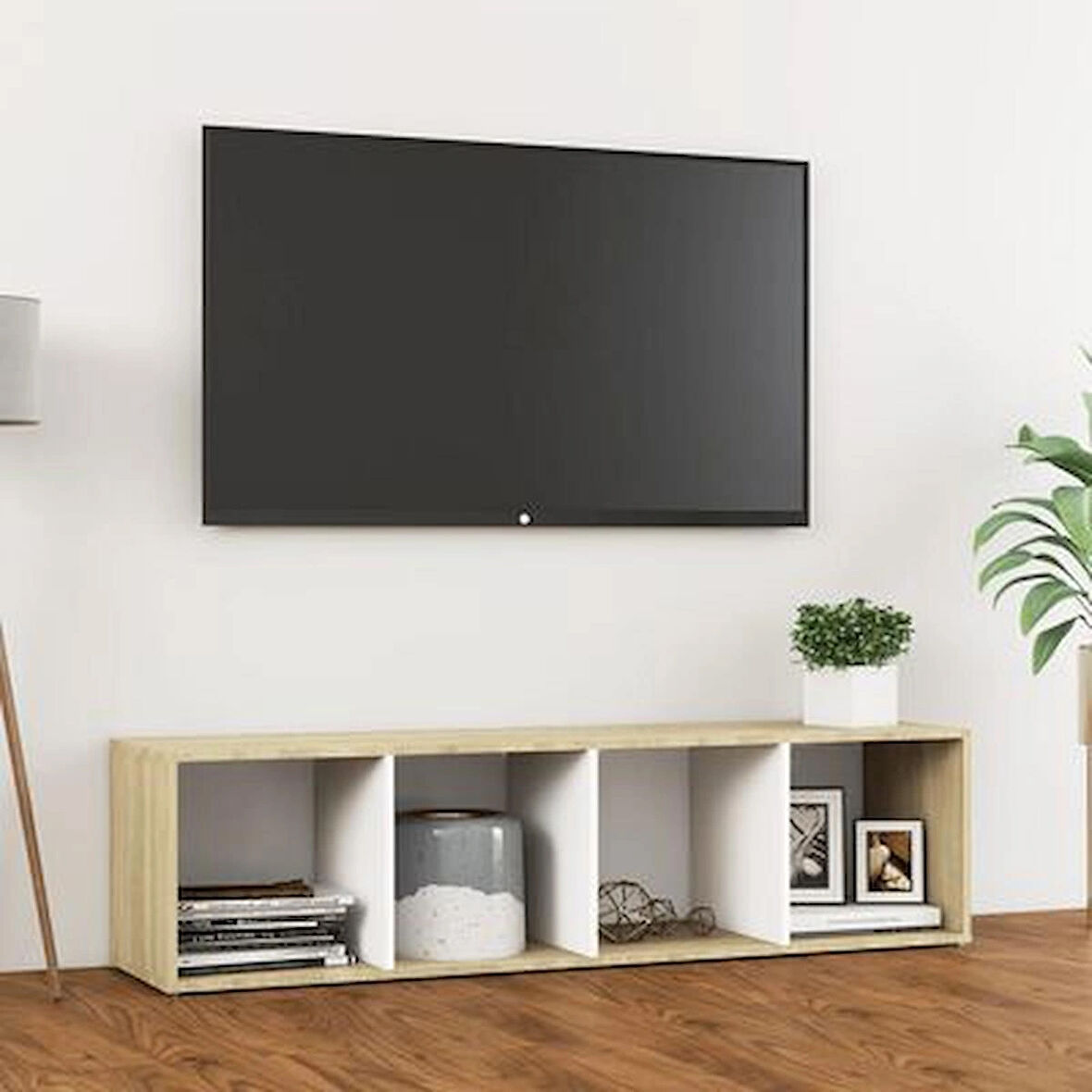 Tdesıgno Eda Televizyon Sehpası - Ünitesi -kitaplık-meşe Beyaz 144 Cm 4 Raflı