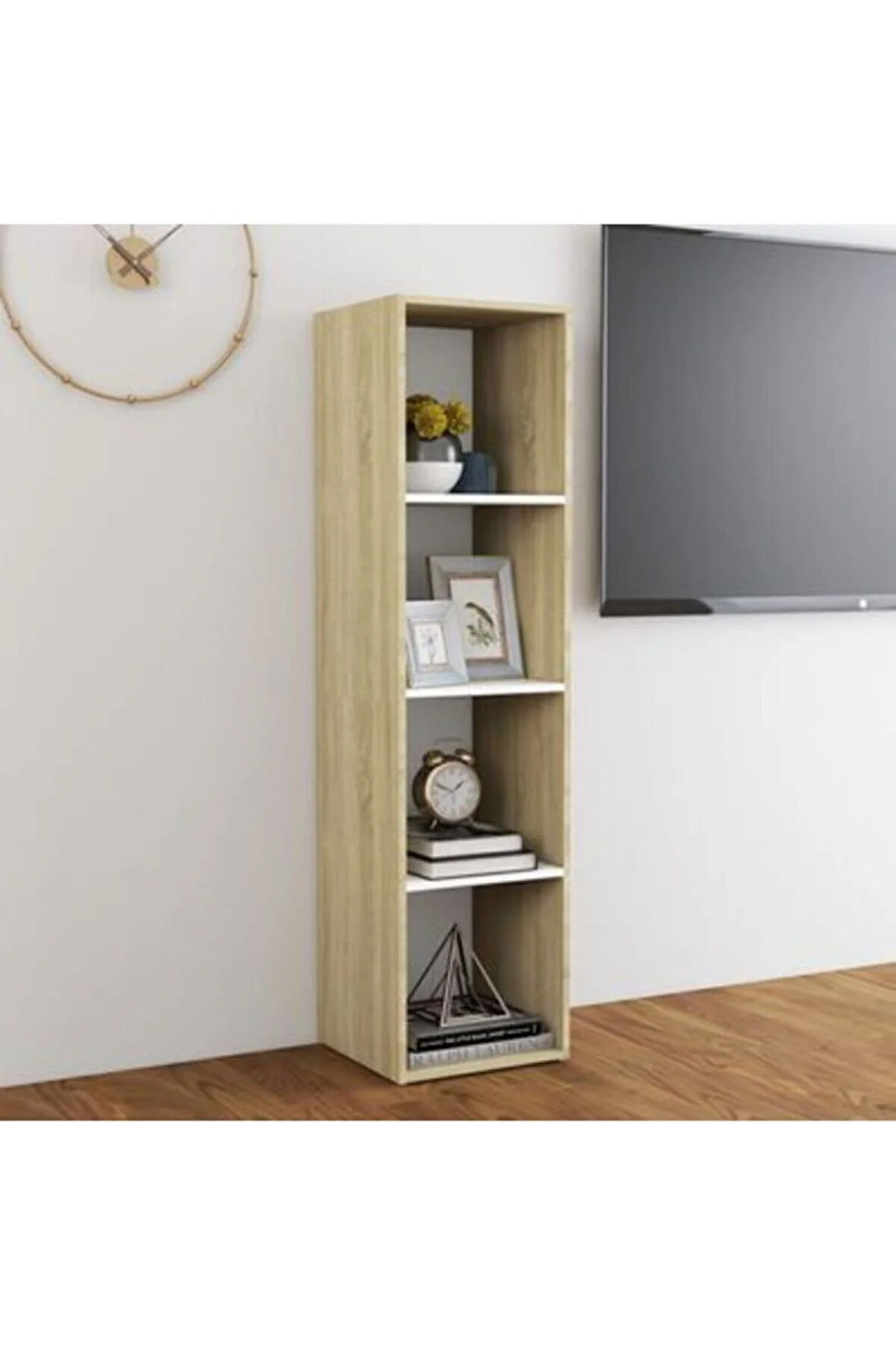 Tdesıgno Eda Televizyon Sehpası - Ünitesi -kitaplık-meşe Beyaz 4 Raflı 30 Cm