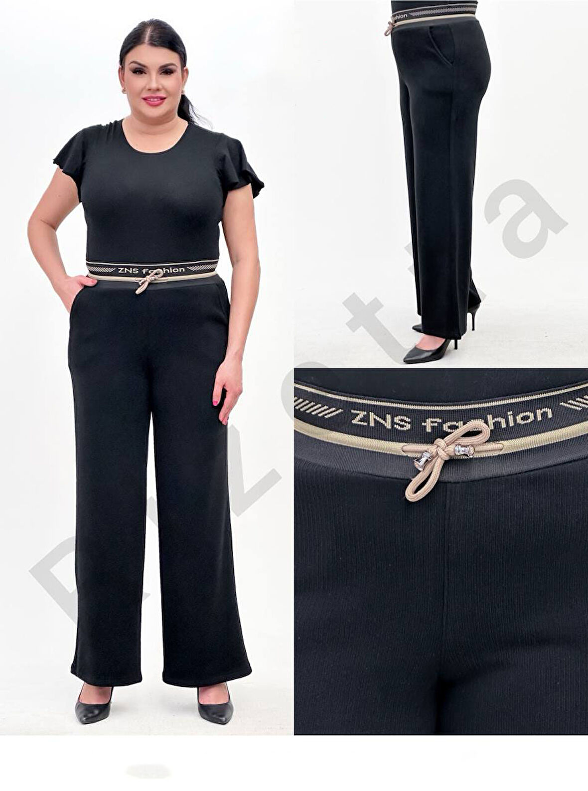 Büyük Beden Fitilli Kadife Toparlayıcı Lastikli Yüksek Bel Boru Paça Kadın Pantolon