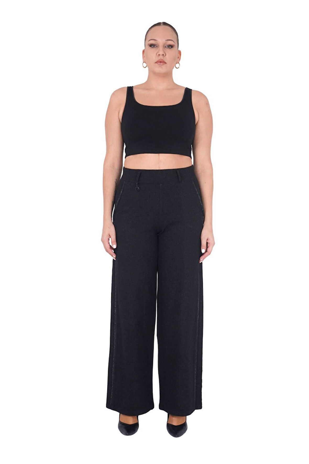 Büyük Beden Kaşmir Toparlayıcı Yüksek Bel Taşlı Cep Detaylı Geniş Paça Kadın Pantolon