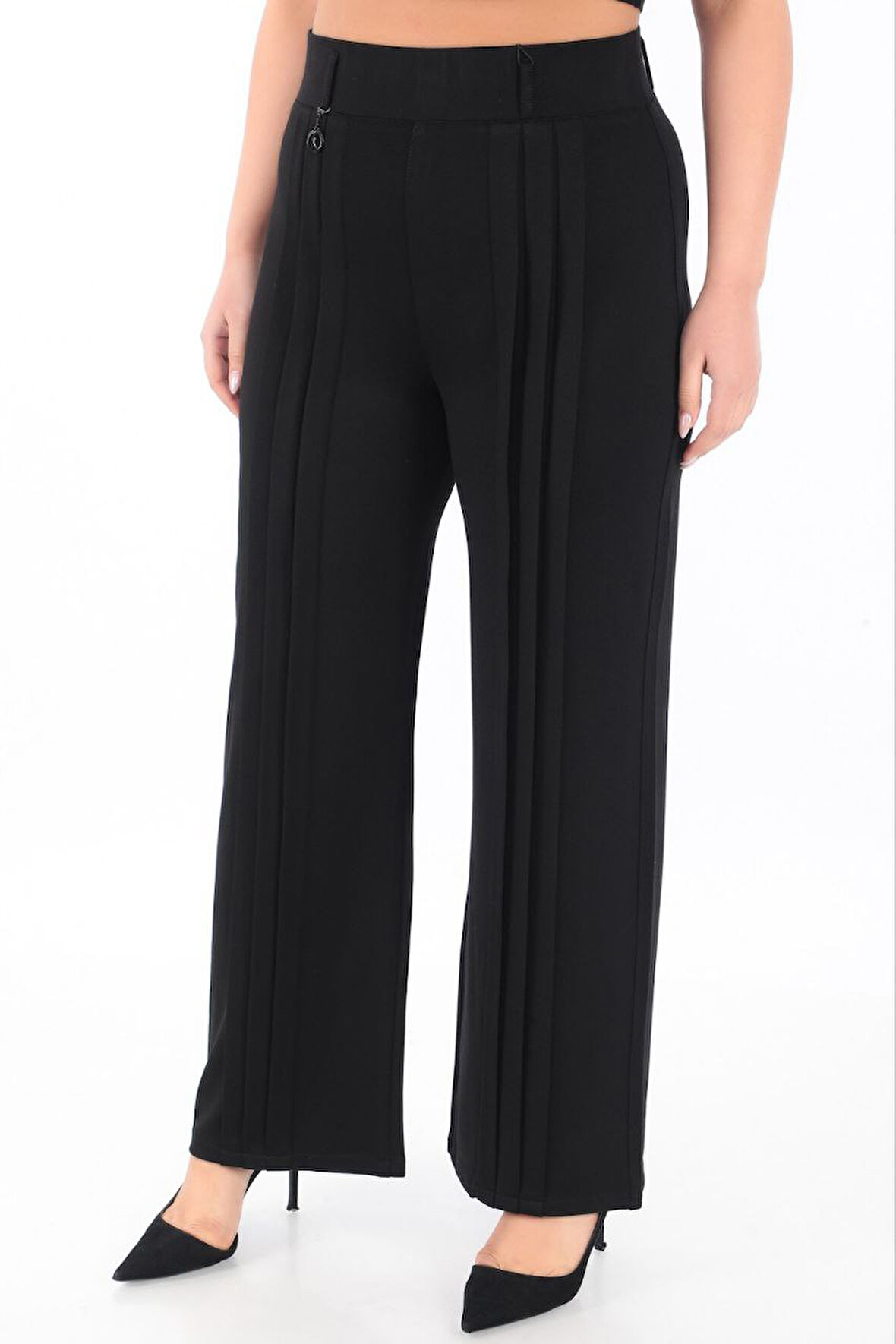 Büyük Beden Toparlayıcı Yüksek Bel Pile Detaylı Boru Paça Örme Kadın Pantolon