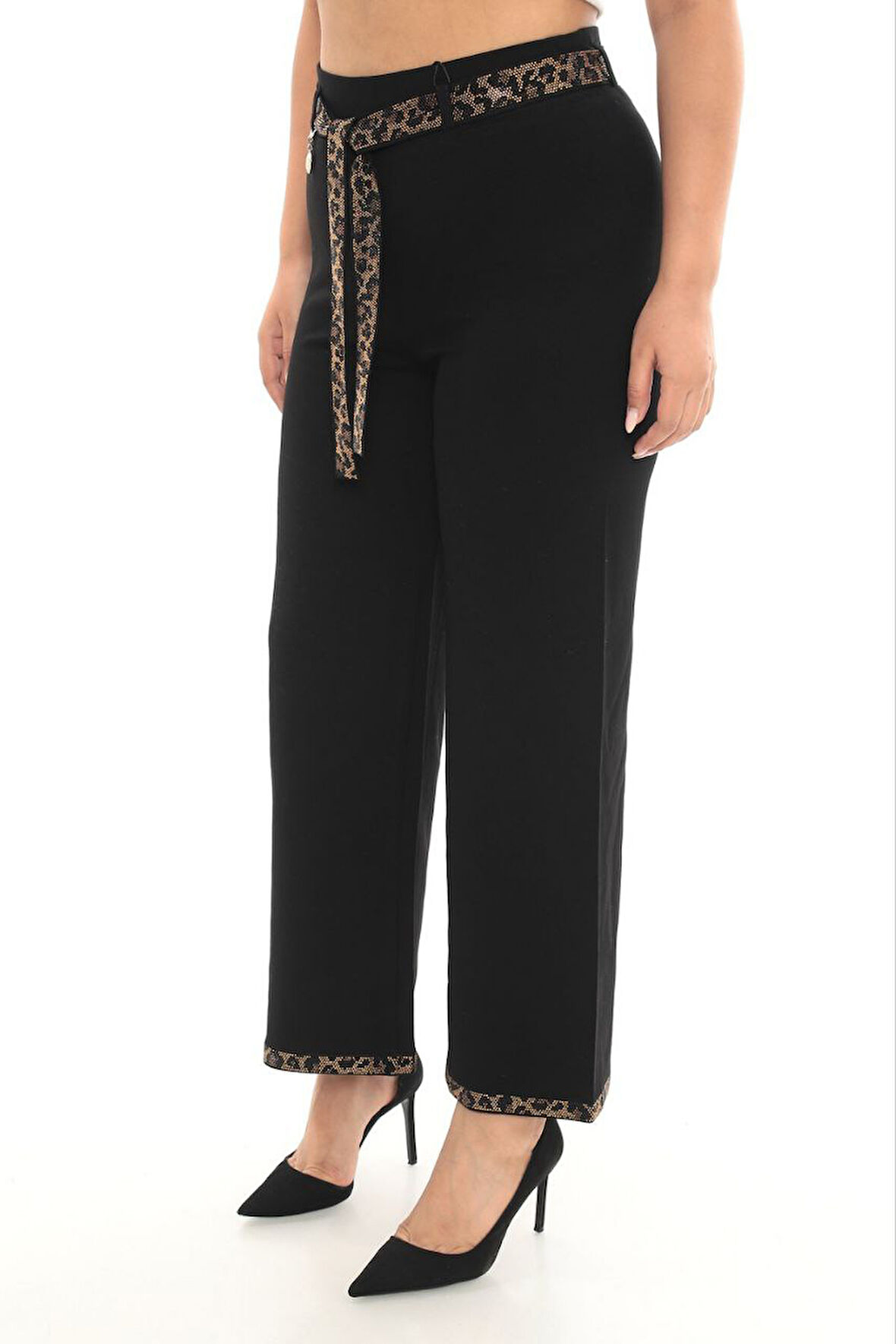 Büyük Beden Toparlayıcı Taşlı Kemer Yüksek Bel Taş Detaylı Geniş Paça Örme Kadın Pantolon