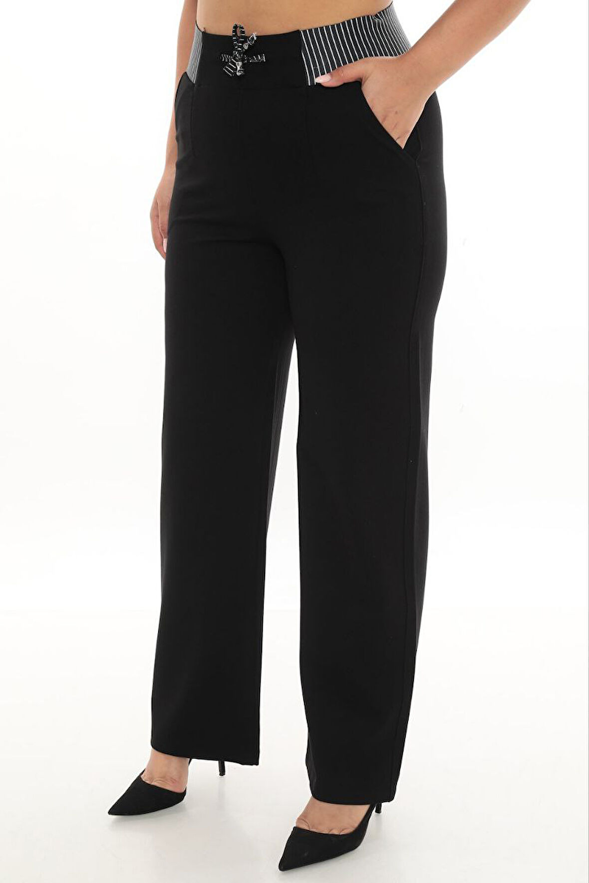 Büyük Beden Toparlayıcı Lastikli Yüksek Bel Geniş Paça Örme Kadın Pantolon